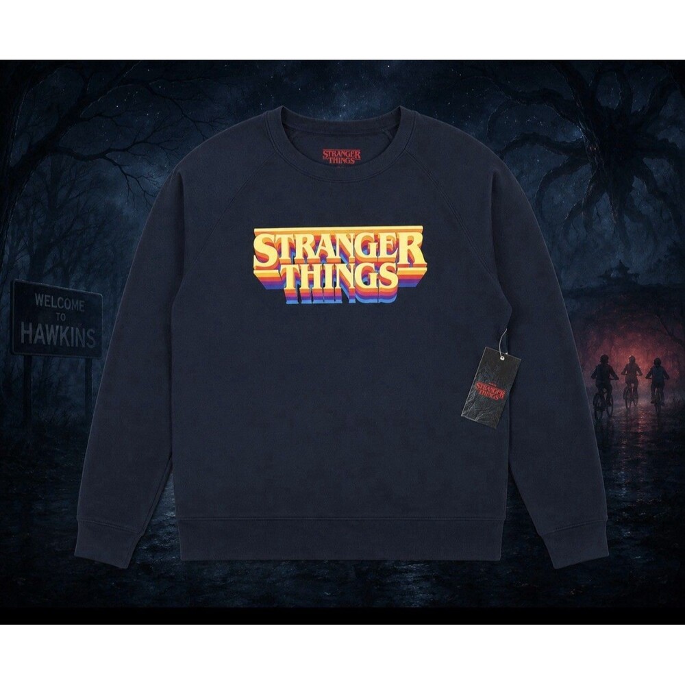 Stranger Things Netflix Sweatshirt XL Navy Graphic Crew Neck NWT Retro 80s